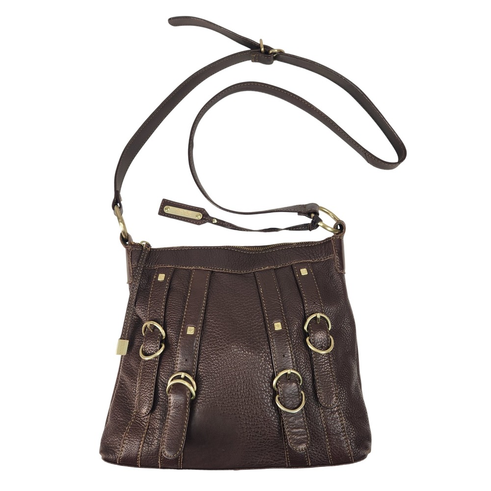 Kenneth Cole Reaction Vintage Brown Pebbled Leather Crossbody Bag Buckle Detail
